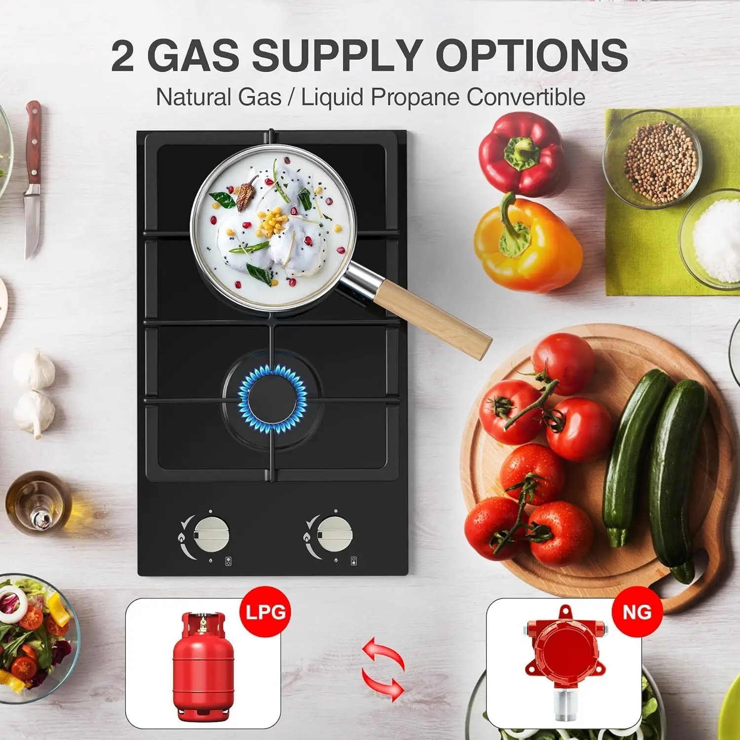 Cooktop 2 Burner, NG/LPG Dual Fuel Gas Stove Top, Built-in Gas Cooker with Thermocouple Protection,Tempered Glass Propane Co
