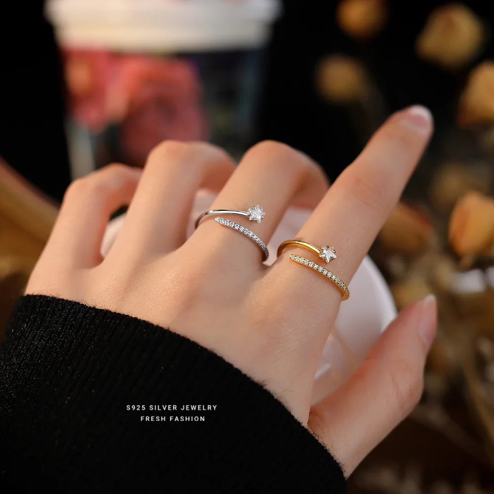 925 Sterling Silver Zircon Star Adjustable Ring For Women