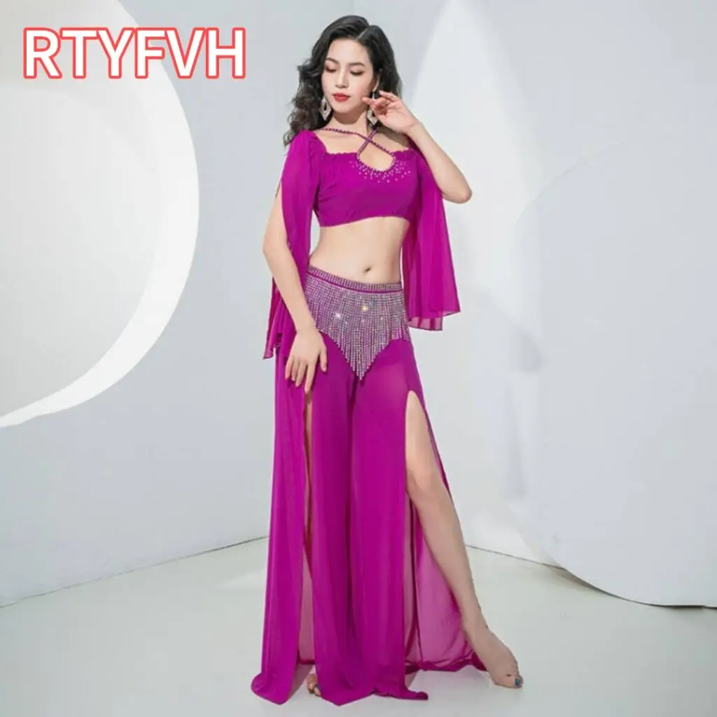 

Belly Dance Costume for Women Long Sleeves Top+AB Stones Tassel Pants Oriental Practice Clothing Adult Belly Dancing Outfit