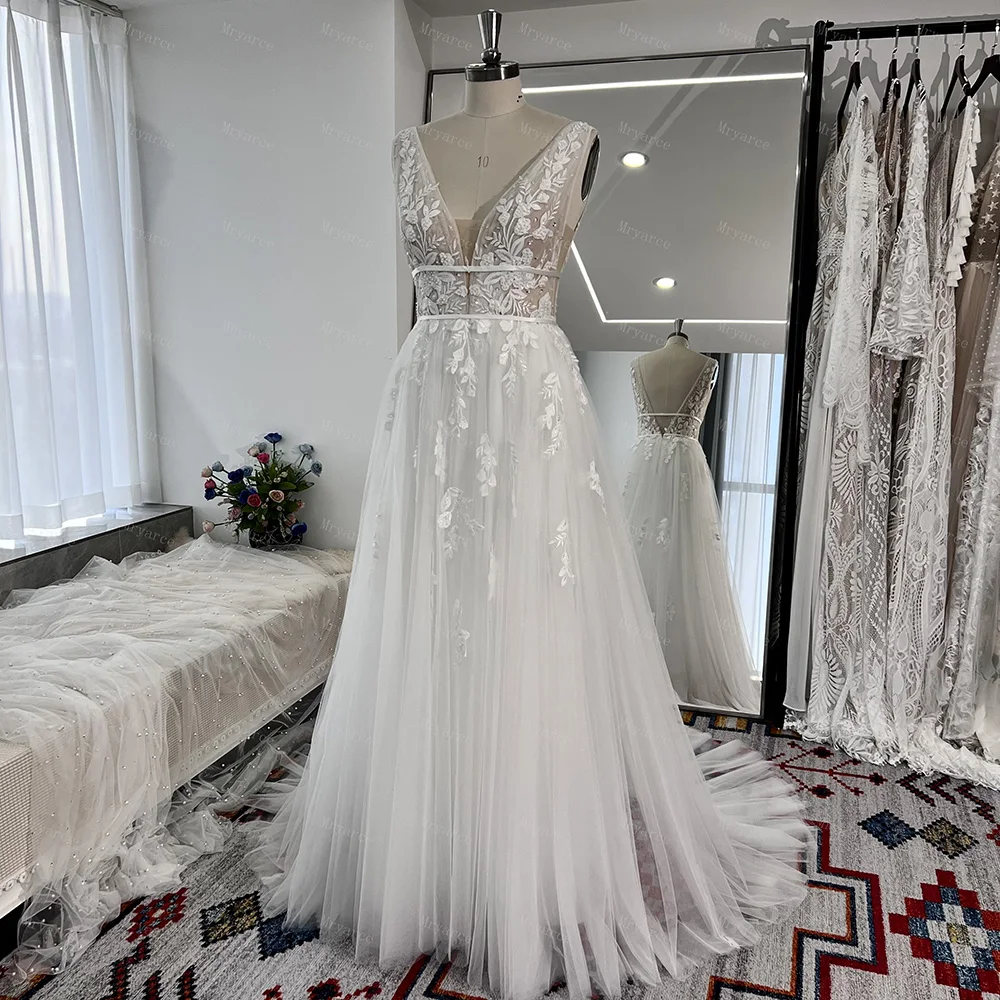 Mryarce Sexy Plunging Neck Sleeveless Embroidery Lace Beaded Wedding Dresses Tulle A Line Bridal Gowns 3