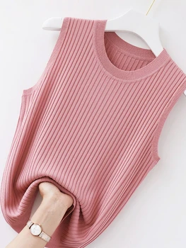 قميص قصير نسائي مريح بلون سادة لعام 2025، قميص صيفي محبوك أبيض قصير بدون أكمام 5