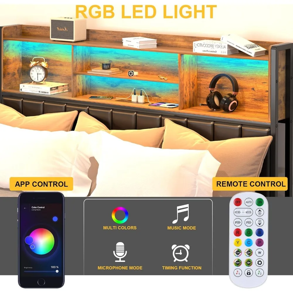 Queen Size Bed Frame with Storage, Upholstered Shelves Headboard Outlets with Charging Ports and Colorful LED Lights 3