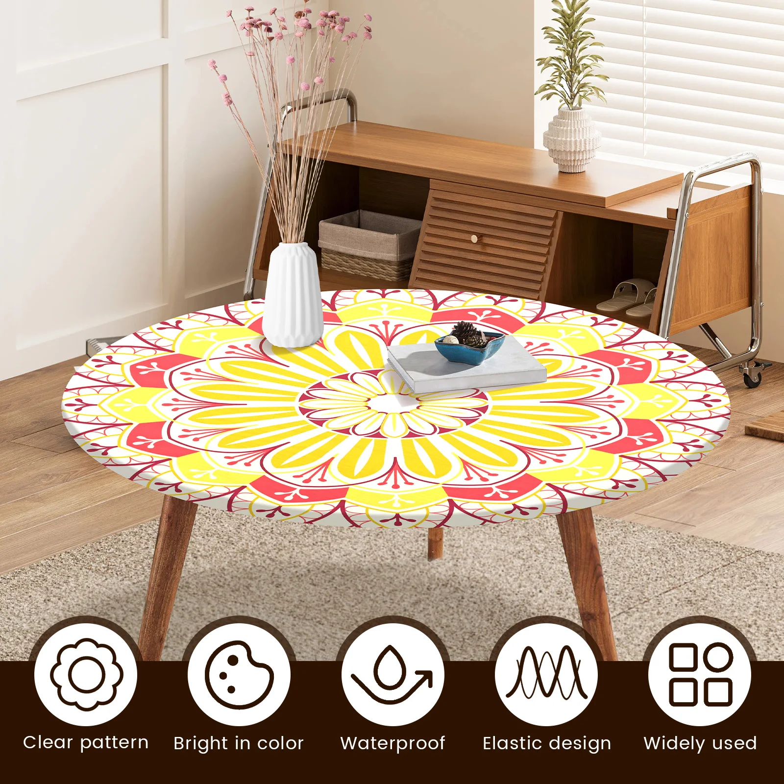 Round Tablecloth Polyester Waterproof Table Cloth with Elastic Band Decorative Printing Tablecloth for Dining Table Protection