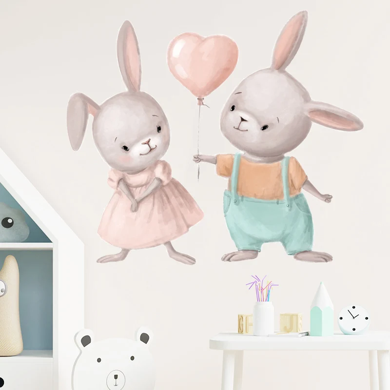 bonito coelho coração adesivos de parede para quartos das crianças crianças meninas decoração do quarto do bebê dos desenhos animados animal papel de parede berçário decoração vinil