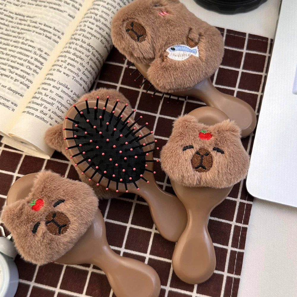 1pcs Mini Cute Cartoon Apple Capybara Plush Air Cushion Hairbrush Hug Fish Capybara Plush Scalp Massage Comb 3