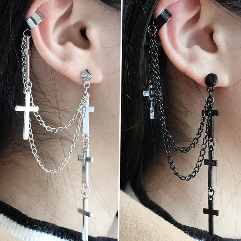 

1 Piece Men Women Punk Gothic Cross Exaggerated Classic Metal Christian Chain Drop Dangle Earrings Street Hip Hop Jewelry Kpop