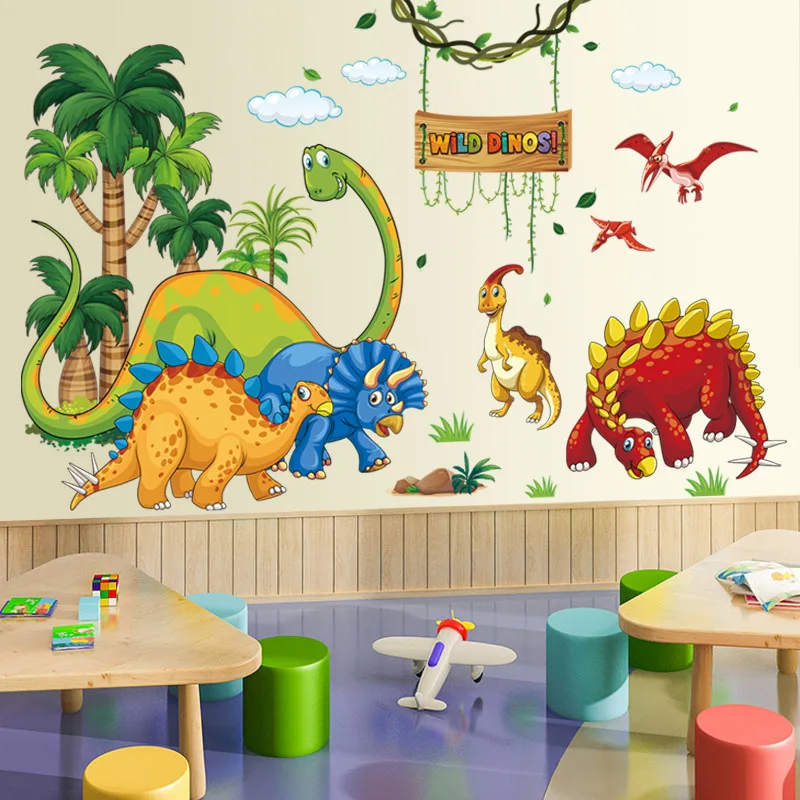 Wall Stickers Large Cartoon Wild Dinos Zoo For Child Boys Room Nursery Tile Decor Art Bedroom PVC Decals Home Decoration Murals