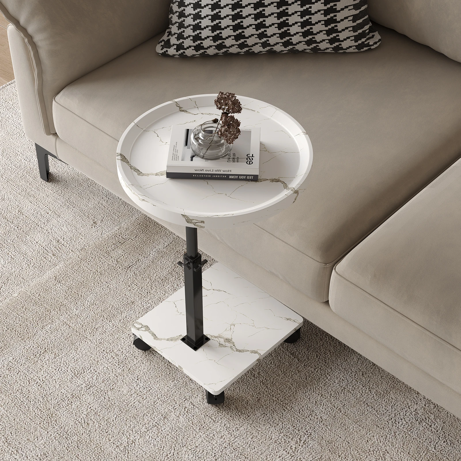 Runder Holz-Couchtisch für Wohnzimmer, Küche, Büro, Café mit 4 Rollen, höhenverstellbar, drehbar, bodenstehend – Detail 9