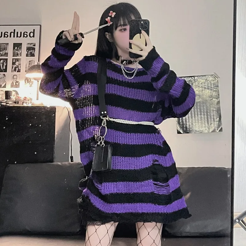 Purple And Black Striped Sweater Purple Style Sweater Harajuku
