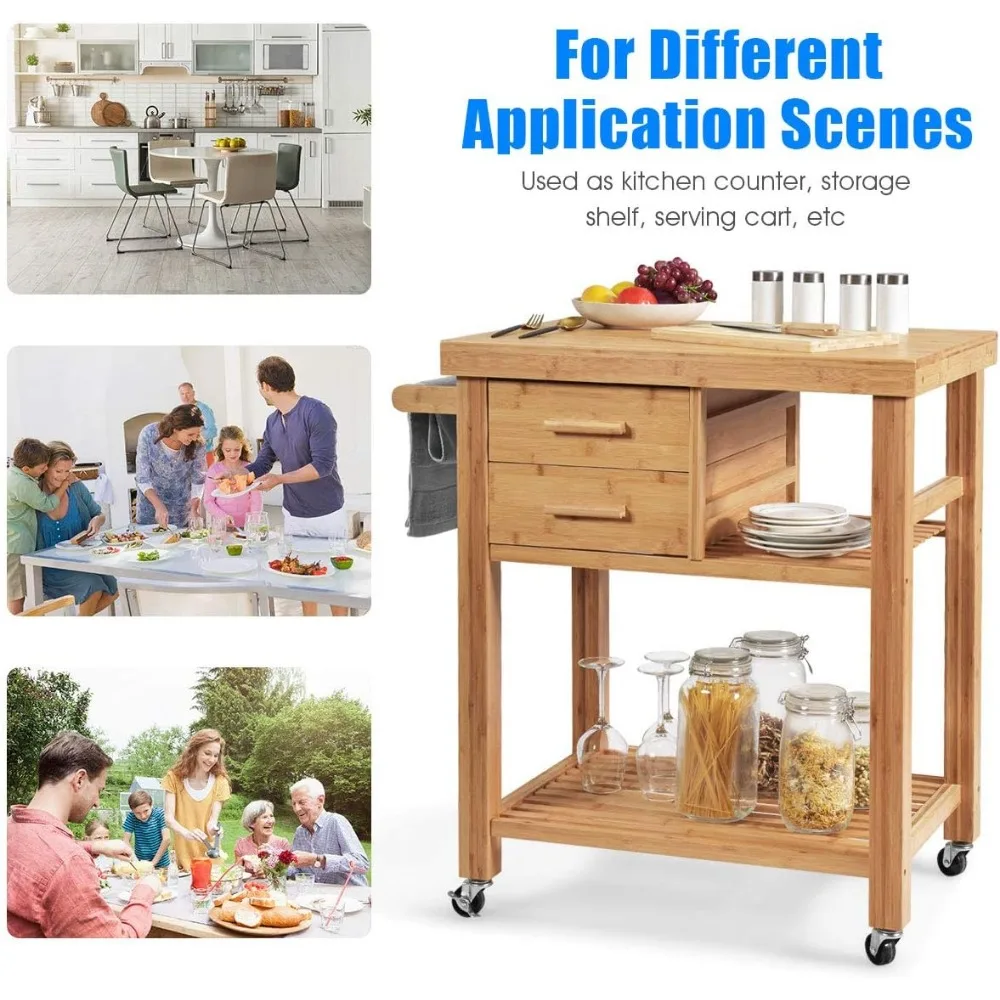 Kitchen Island, Bamboo Island Cart, Kitchen Trolley Cart on Wheels, Rolling Cart, 2 Drawers, Towel Rack, Casters