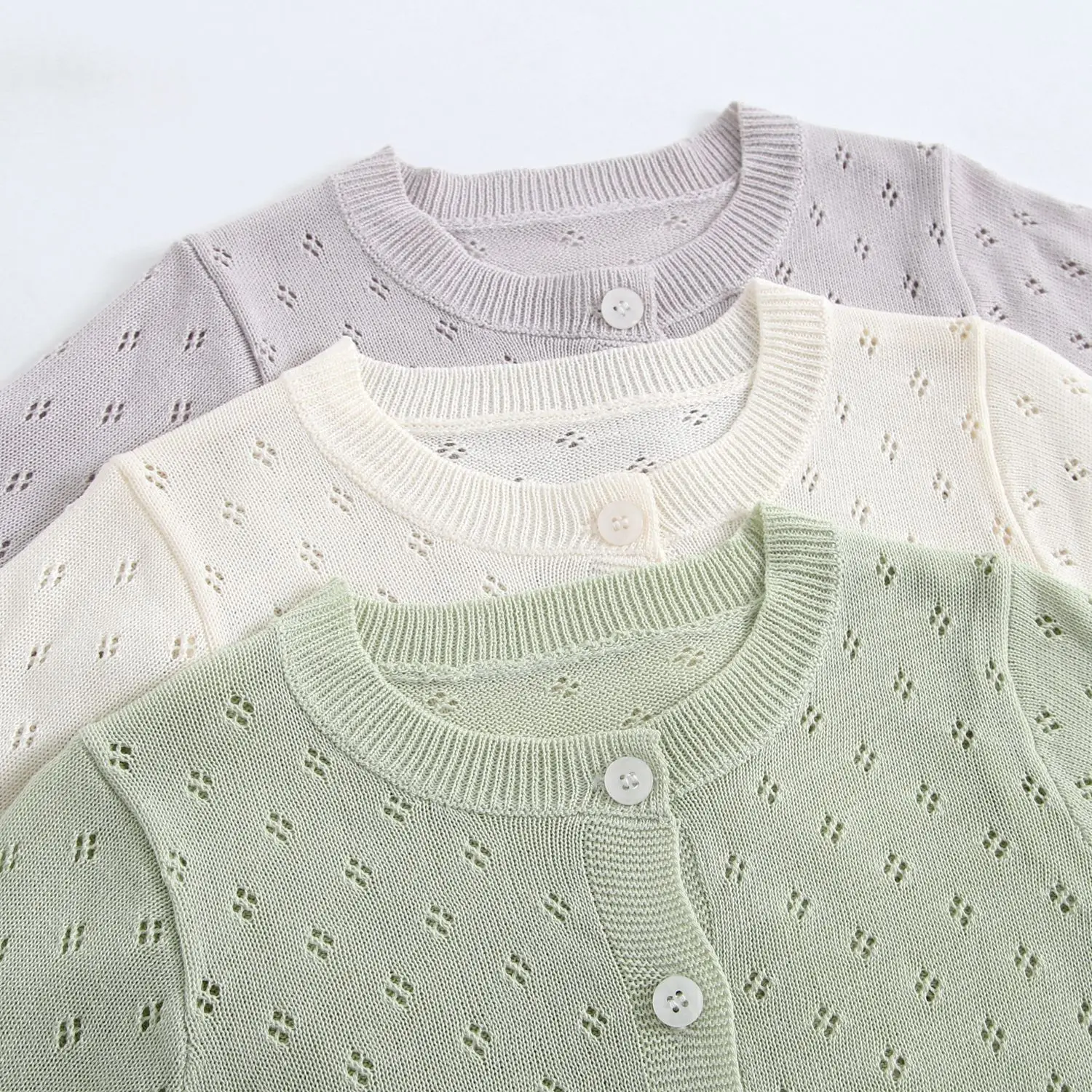 베이비 라운드넥 니트 가디건 한국판 봄여름 신상품, 초박형 속이 빈 자외선 차단 셔츠