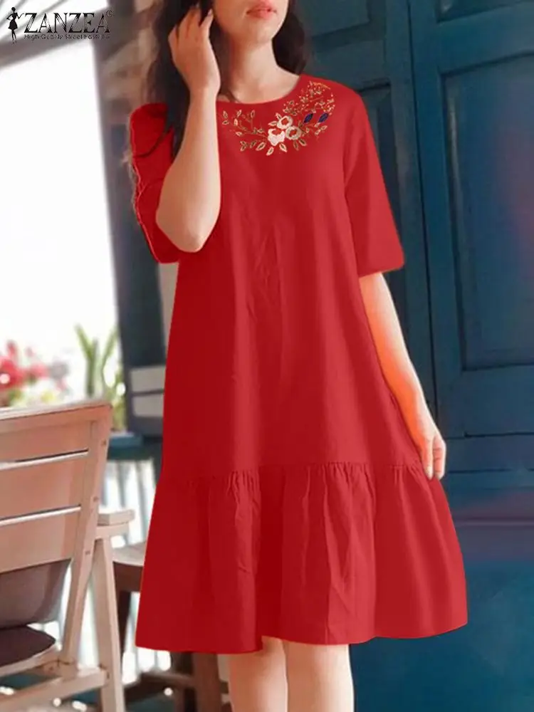 

2024 ZANZEA Fashion Women Summer Dress Bohemian Ruffles Hem Midi Vestido Oversize Kaftan Short Sleeve Embroidery Floral Sundress