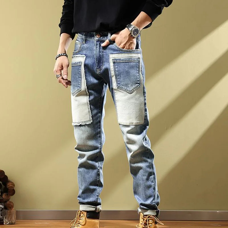 Spring and Summer Fashion Fashion Brand Retro Spliced Denim Stretch Casual Versatile Slim Fit, Handsome, Age Reducing Men's Pant