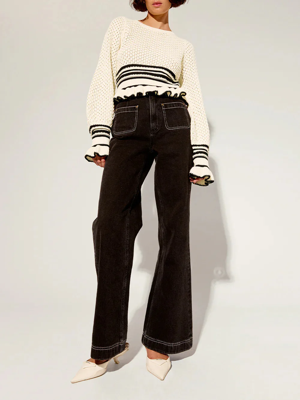 Knitted Ruffle Cuff Tightening Pullover for Women