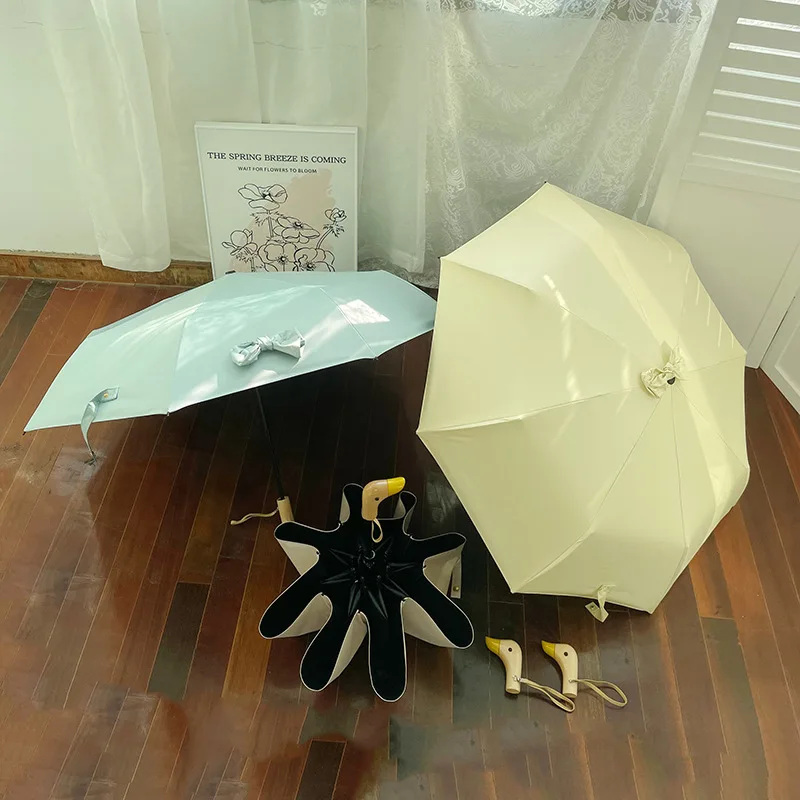 Cute Duck Handle Umbrella Women's Foldable Vinyl Parasol Sun Protection Ultraviolet Sun Umbrella Rain Shine