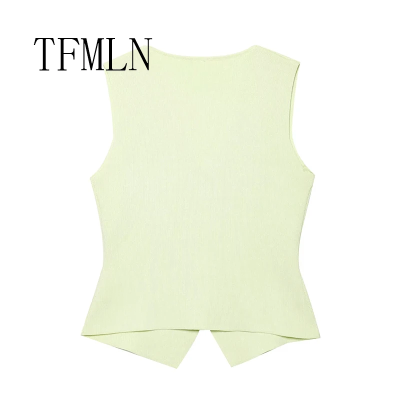 TFMLN Spring Summer Women Solid Color Casual Sweater Vest V-Neck Button Up Knitted Cardigan Vest Chic Women Sleeveless Sweater