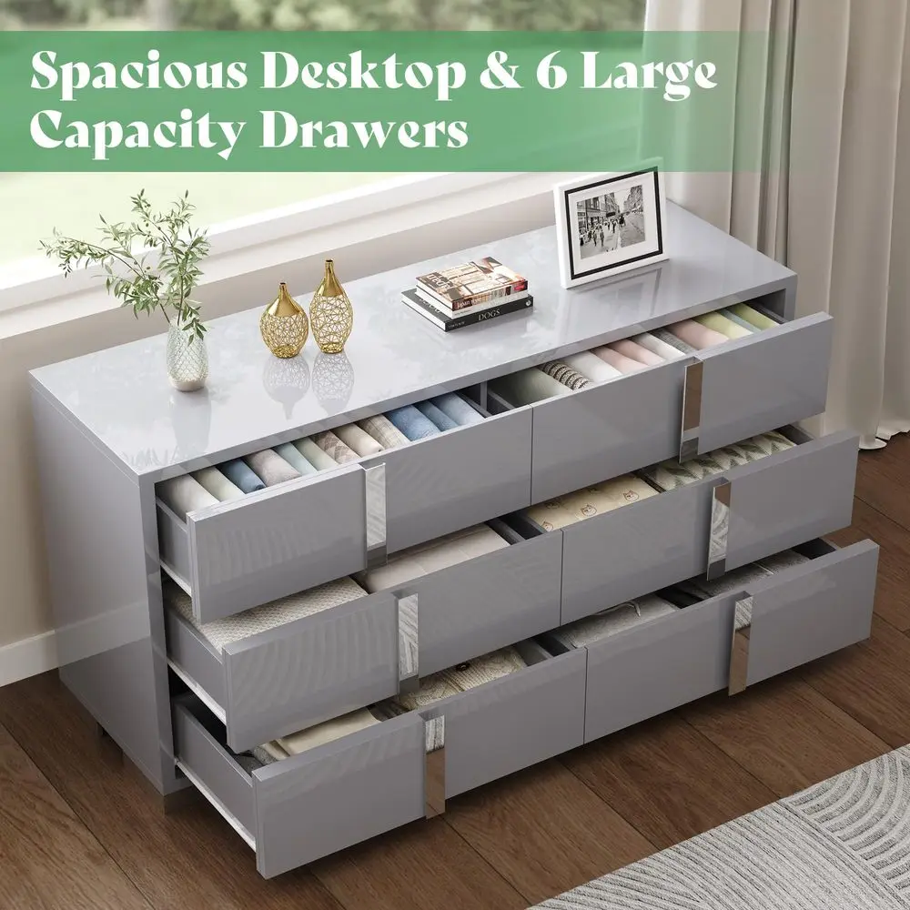 3-Piece Bedroom Set – 2 Nightstands & 6-Drawer High Gloss Dresser 4