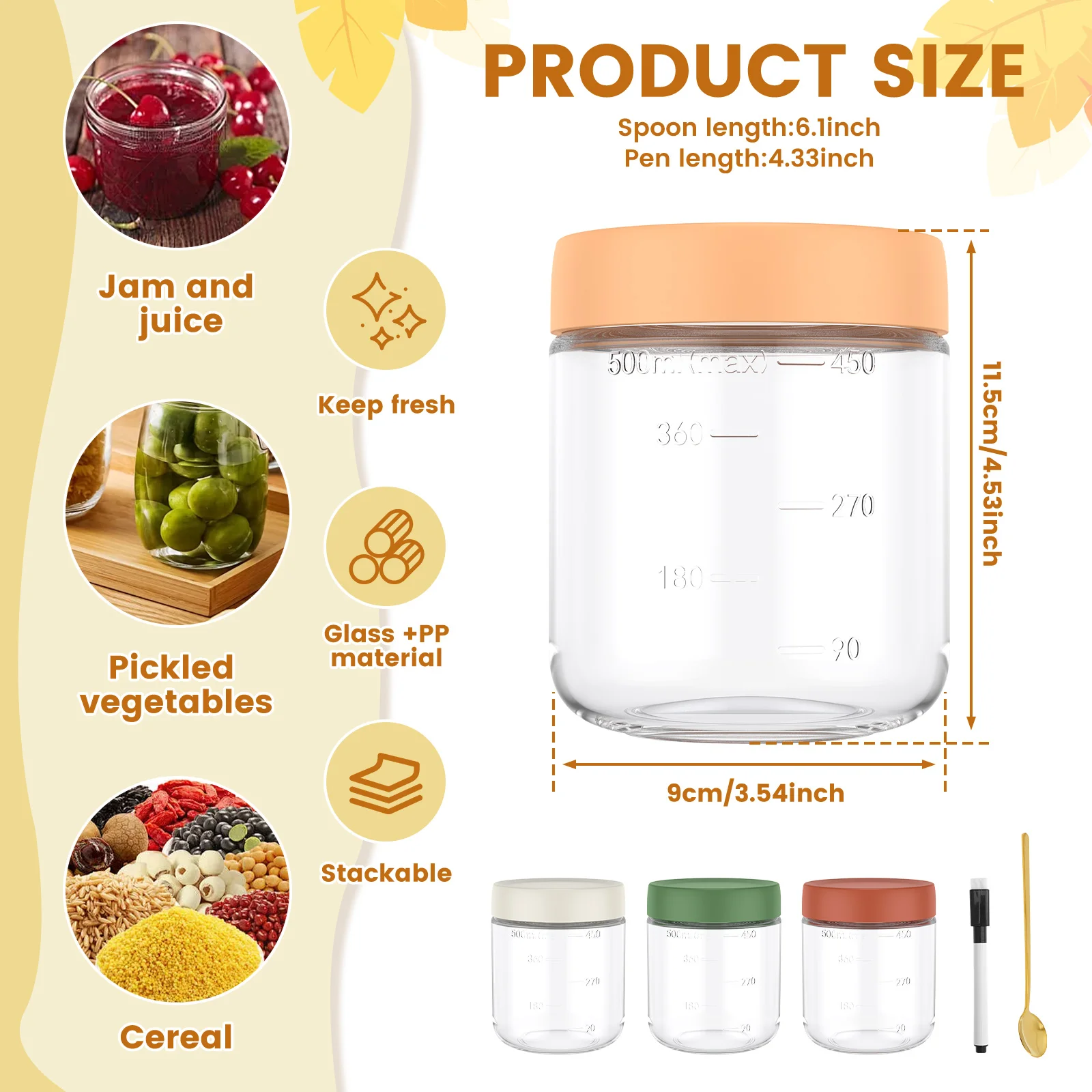 4Pcs Overnight Oats Container 500ml Milk Fruit Salad Food Storage Glass Jars Portable Cereal Breakfast Cups for Yogurt Pudding 6