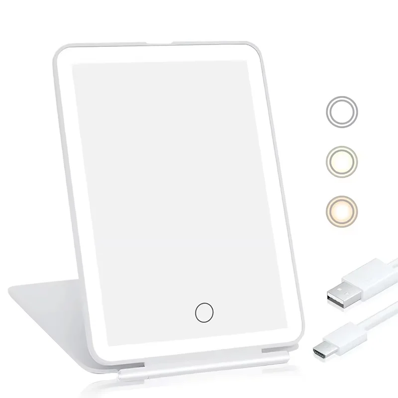 휴대용 LED 조명 조도 조절 메이크업 미러, 터치 USB 충전, 2000 mAh 배터리, 접이식 여행 미니 메이크업 미러