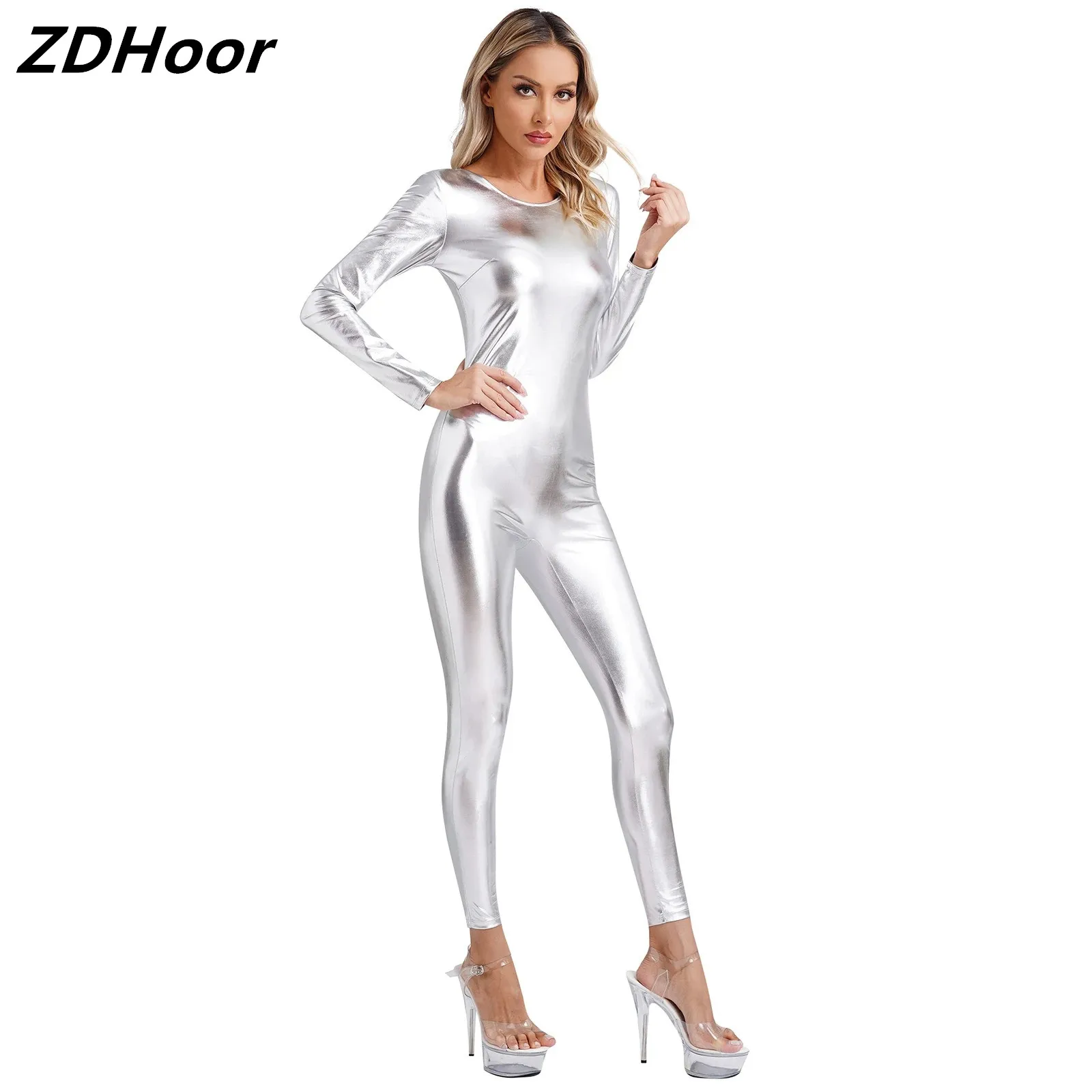 Womens Metallic Shiny Unitard Dancewear Round Neck Long Sleeve Slim Fit Full Body Bodysuit One Piece Clubwear Festival Costumes