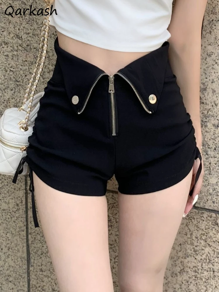 

Shorts Women Skinny Chic Shirring Hotsweet High Waist Tender Streetwear Fashion Zip-up Solid All-match Teens Casual Korean Style