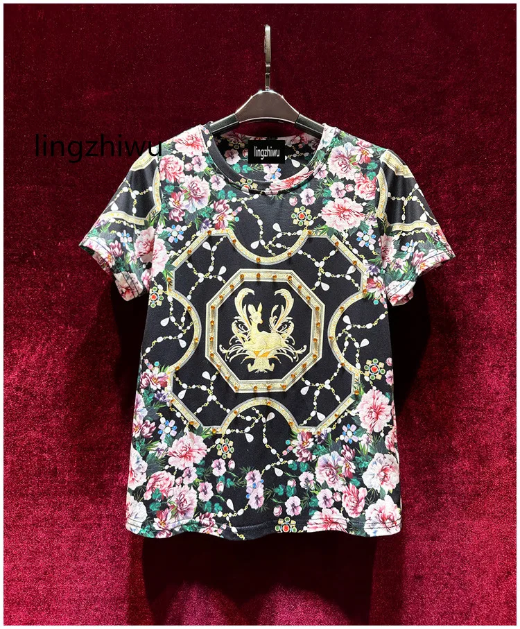 

lingzhiwu Beading T-Shirt Vintage Print Comfortable Designer Handmade Beads O-Neck Tee Shirt Top Female Slim Elegant New Arrive