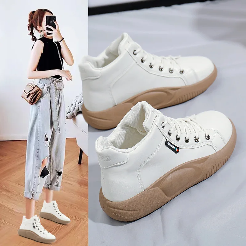 

New High Top Warm Leather White Women Shoes Thick Sole Shake Fashion Women's Shoes Zapatos Plataforma Mujer Chaussures Femmes