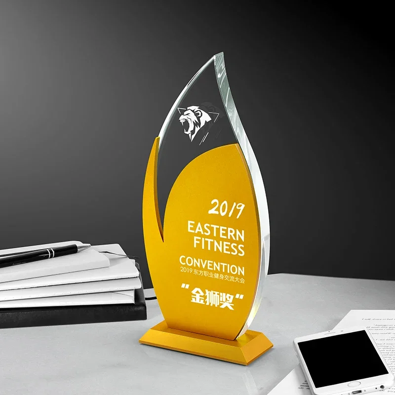 Customized Creative Metal Crystal Trophy, Honor Leaf Medal, Premium Company, Excellent Employee Souvenirs, Home Decorations, 1Pc