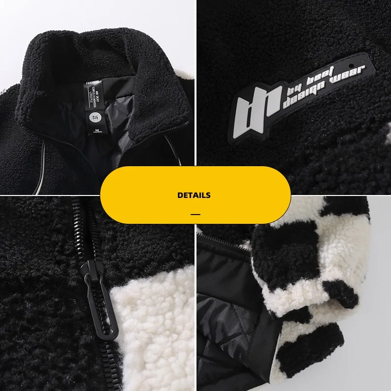 Checkerboard Stitching Contrast Color Imitation Sherpa Warm Jacket Loose Stand Collar Casual Winter Coats Men Couple Clothes