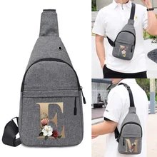 

Men Casual Multifunctional Chest Bags USB Charger Hole Shoulder Bags Gold 26 Letter Print Travel Crossbody Bag Canvas Zipper Bag