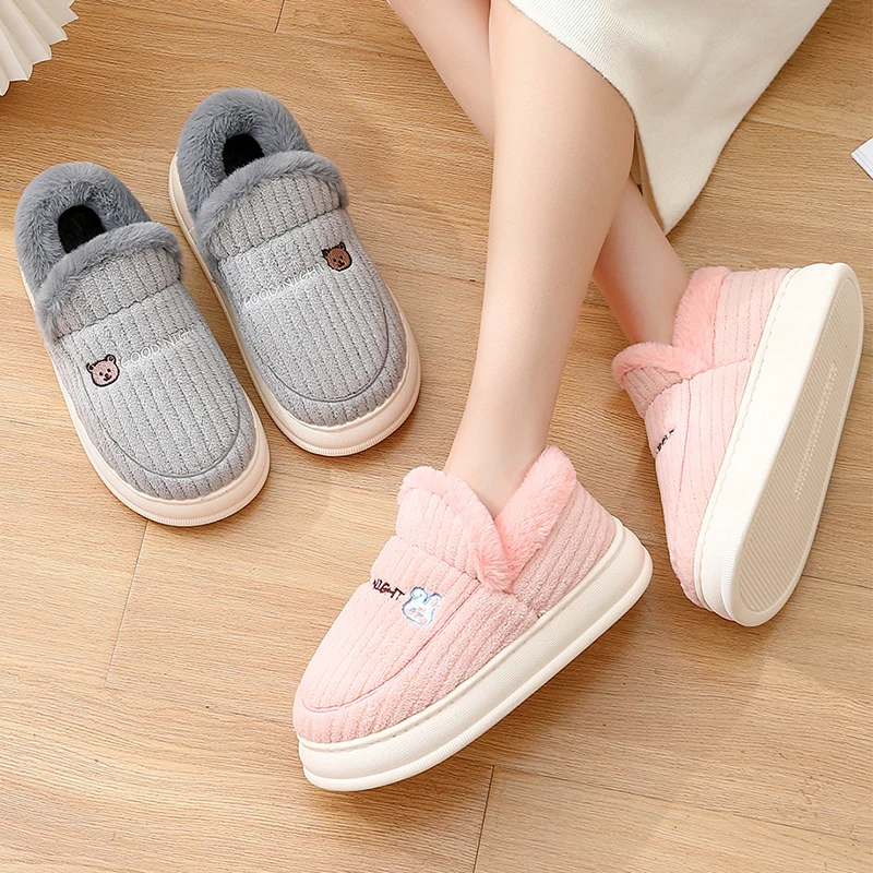 2025 Thicken Plush Platform Cotton Shoes Women Indoor Non Slip Warm Home Slippers Woman Cartoon Embroidery Thick Sole Snow Boots