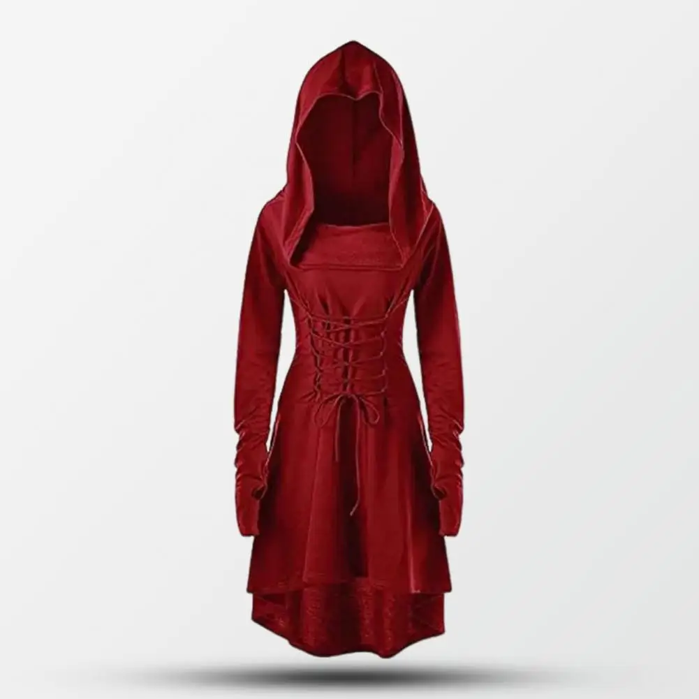 Women Cosplay Dress Gothic Lace-up Strap Hooded Long Sleeves Theme Parties Role-Playing Festival Halloween Midi Dress