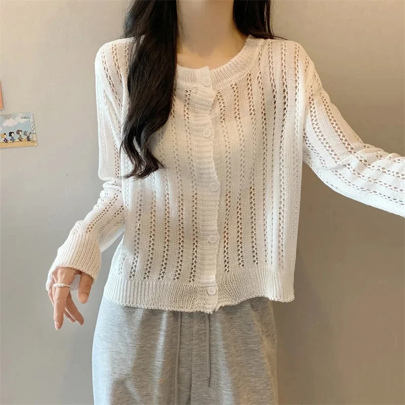 

Korean Version Thin Hollow Long Sleeve Knitted Cardigan Women Spring and Summer Design Niche Short Tops