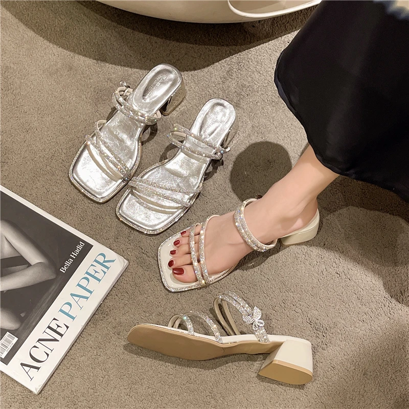 

Fairy Wind Network Red Water Diamond Two Wears Thick Heel Sandals for Women 2024 New Summer Mid Heel One Line Sandals