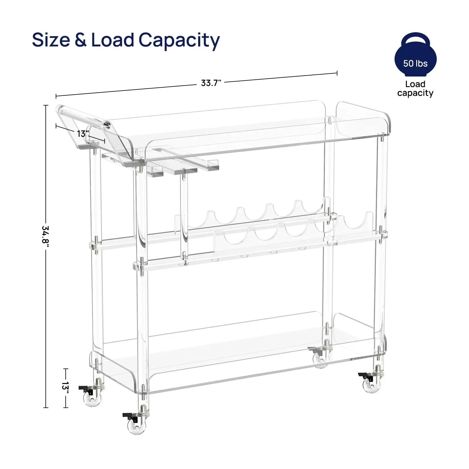 Acrylic Bar Cart with 4 Lockable Wheels, Clear Serving Cart with Wine Rack and Glass Holder, Rolling Beverage for Home, Kit