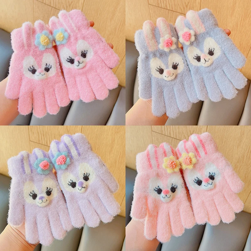 Winter New Baby Girls Sweet Soft Cartoon Knitted Yarn Keep Warm Gloves Children Lovely Five Finger Gloves Kids Fashion