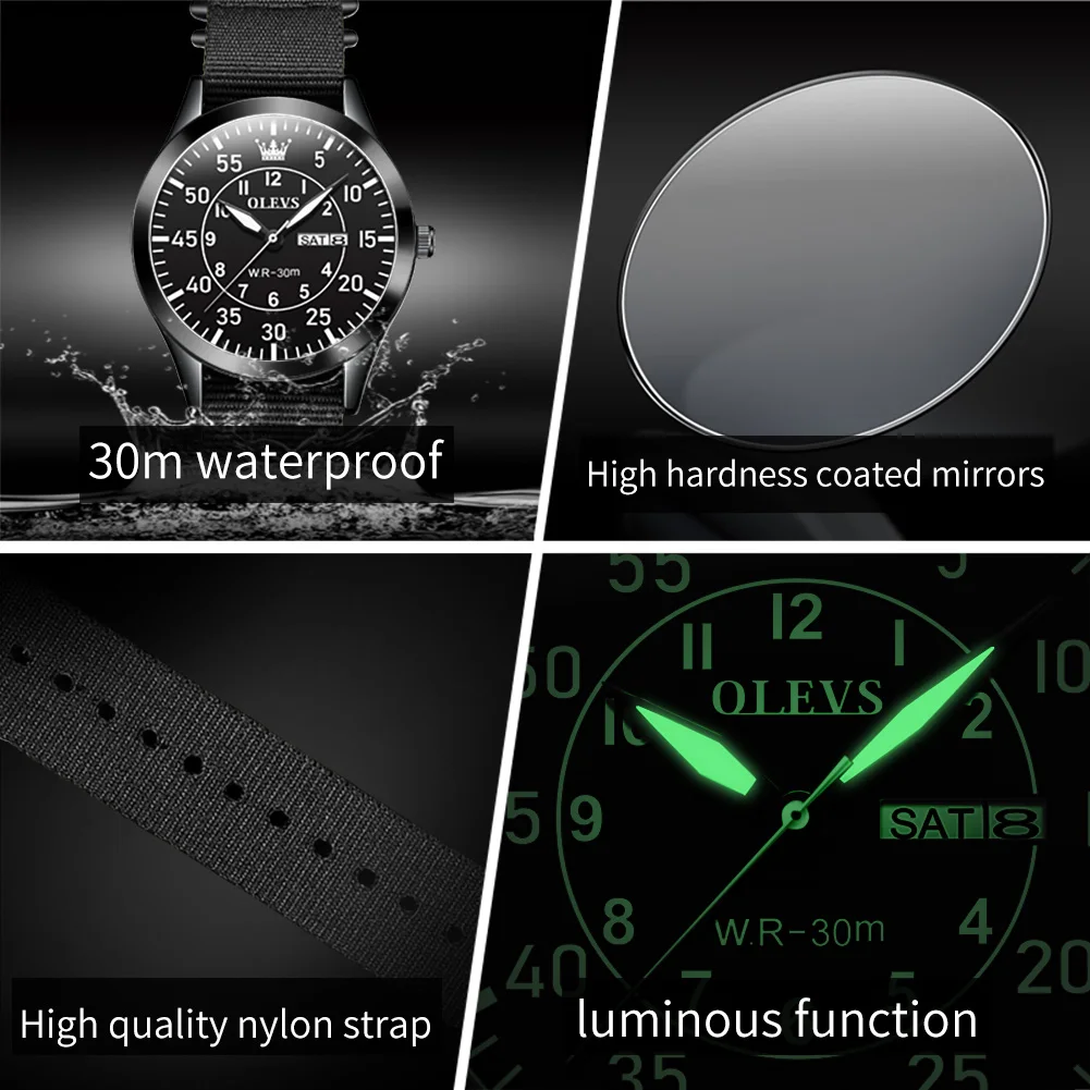 OLEVS Sports Mens Watches Top Brand Luxury Week Calendar Quartz Watch for Men Fashion Nylon Strap Waterproof Relogio Masculino