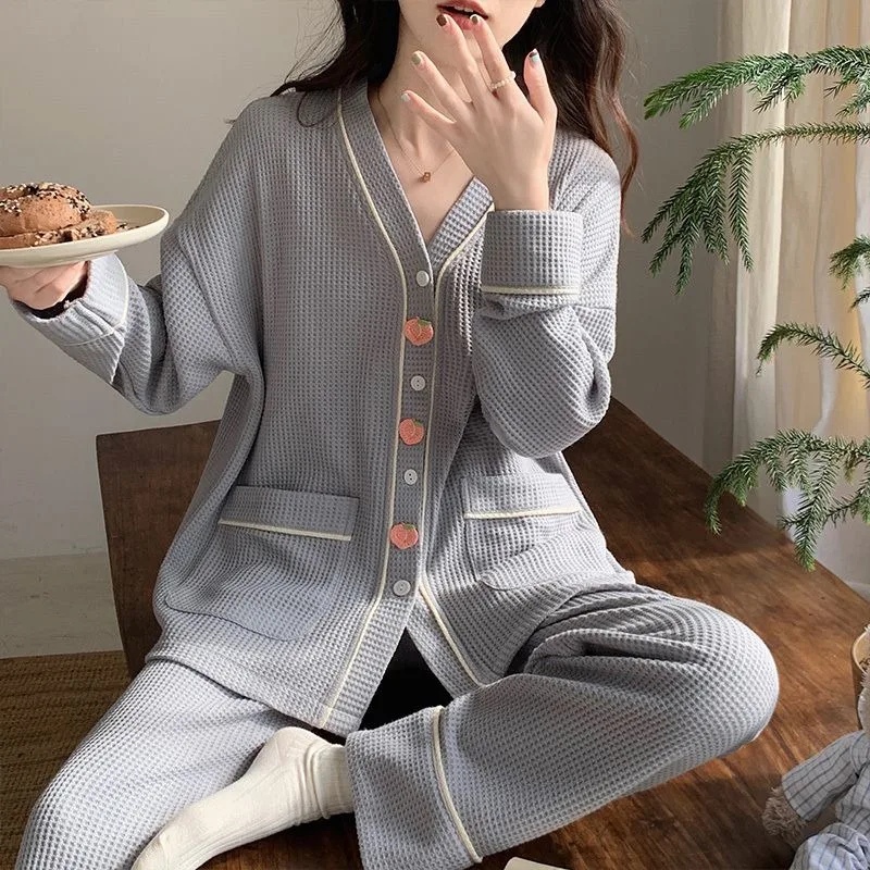 2024 New Sweet Women Pure Cotton Pajamas Spring Autumn Female Waffle V-neck Long Sleeve Homewear Suit Casual Loose Sleepwear