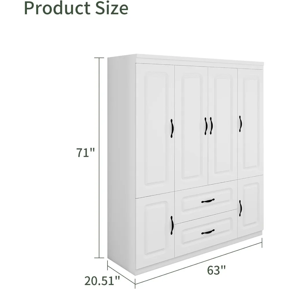 71" H Closet with Doors White Wooden Armoire Wardrobe Closet Freestanding Clothes Storage Closet Bedroom Armoires Wood Wardrobe 2