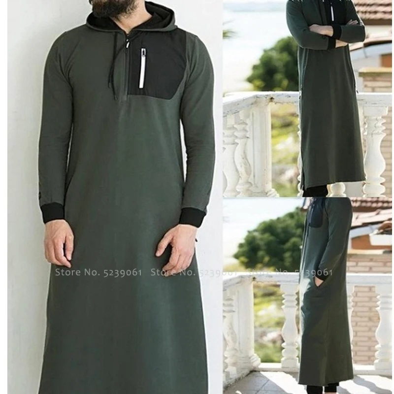 Men Muslim Long Sleeve Robes Abaya Saudi Islamic Long Kaftan Thobe Jubba Costume 