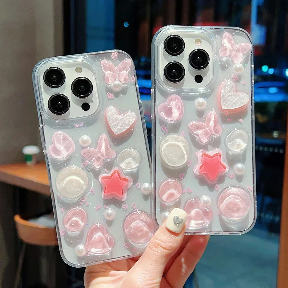 

Pink Jelly Heart Butterfly Pearl Case For iPhone 11 12 13 Pro Max 14 15 Plus Transparent Phone Cases Glitter Shockproof Cover