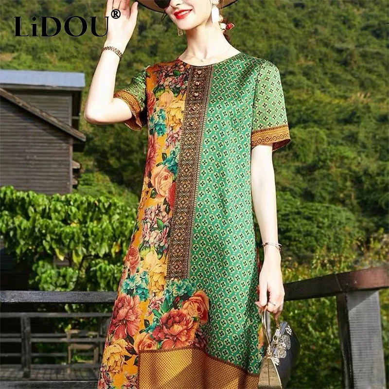 

2023 Summer Elegant Fashion Printing Dress Ladies Short Sleeve Loose Casual Midi Robe Women's Round Neck Temperament Vestidos