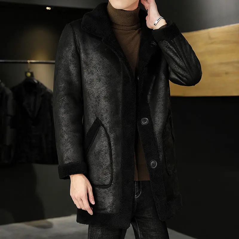 Autumn and Winter Sheep Shearling Reversible Jacket Tops Mid-length Fur All-in-one Men's Trench Coat