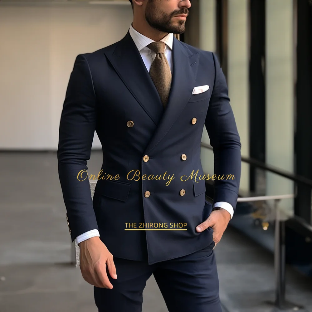 

Men's Peak Lapel Navy Blue 2-piece Suit (jacket + trousers), Elegant Groom Wear Suit，Premium Wedding or Party Suit，Tailored Fit