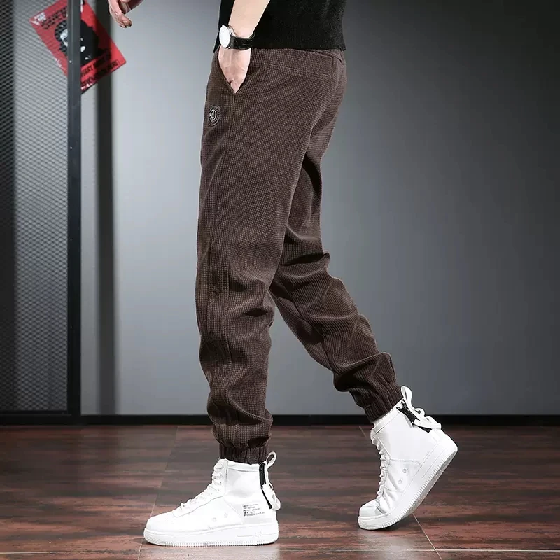Autumn Fashion Corduroy Pants Men Sport Baggy Pants Streetwear Casual Coffee Elastic Waist Drawstring Jogging Trousers