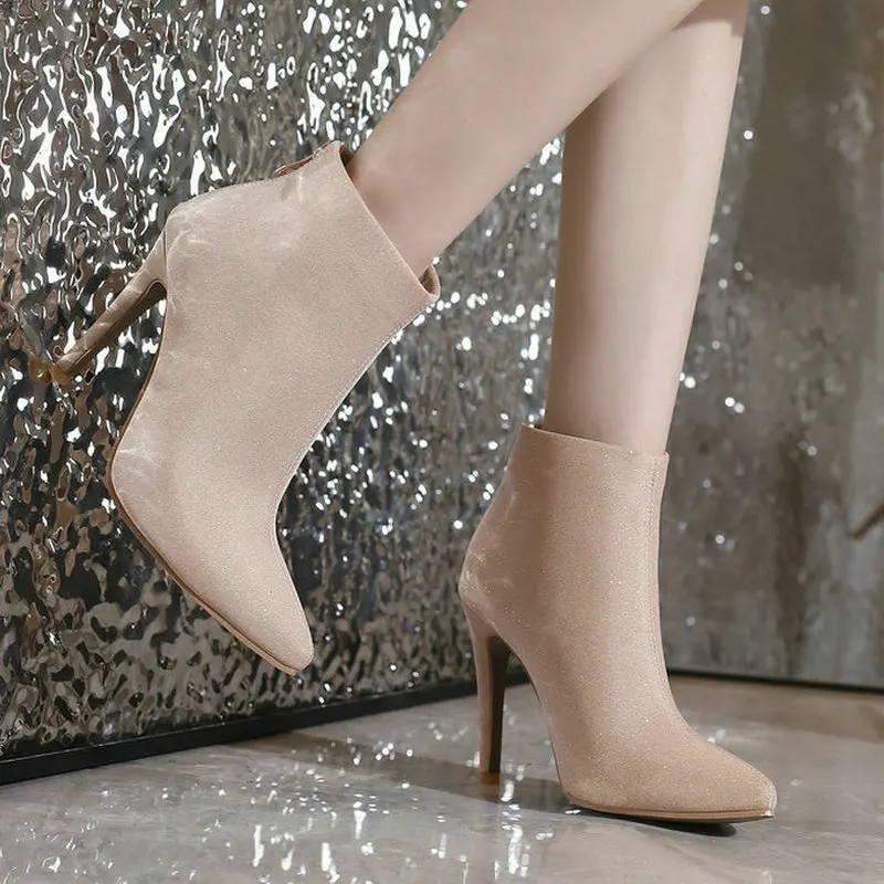 

2023 Women Ankle Boots Thin High Heel Pointed Toe Ladies Short Boots PU Leather Side Zipper Dress Women's Boots Plus Size 46