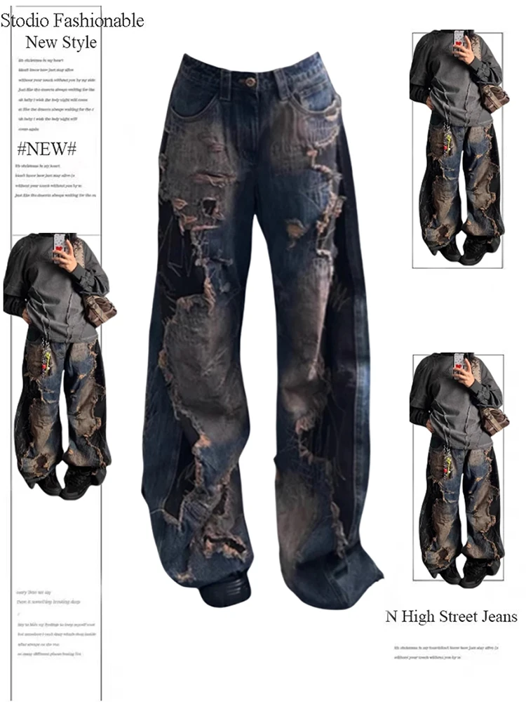 y2k grunge archive damage crash denim 希少 BXCNCKD Gothic Retro Damaged Spider Web Ragged Edge Jeans