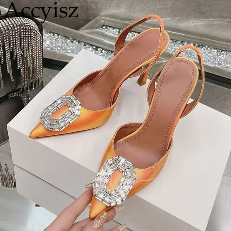 

Summer Crystal Decor Pointed Toe Pumps Women Thin High Heels Sandals Patent Leather Back Strap Sandalias Sexy Party Dress Shoes