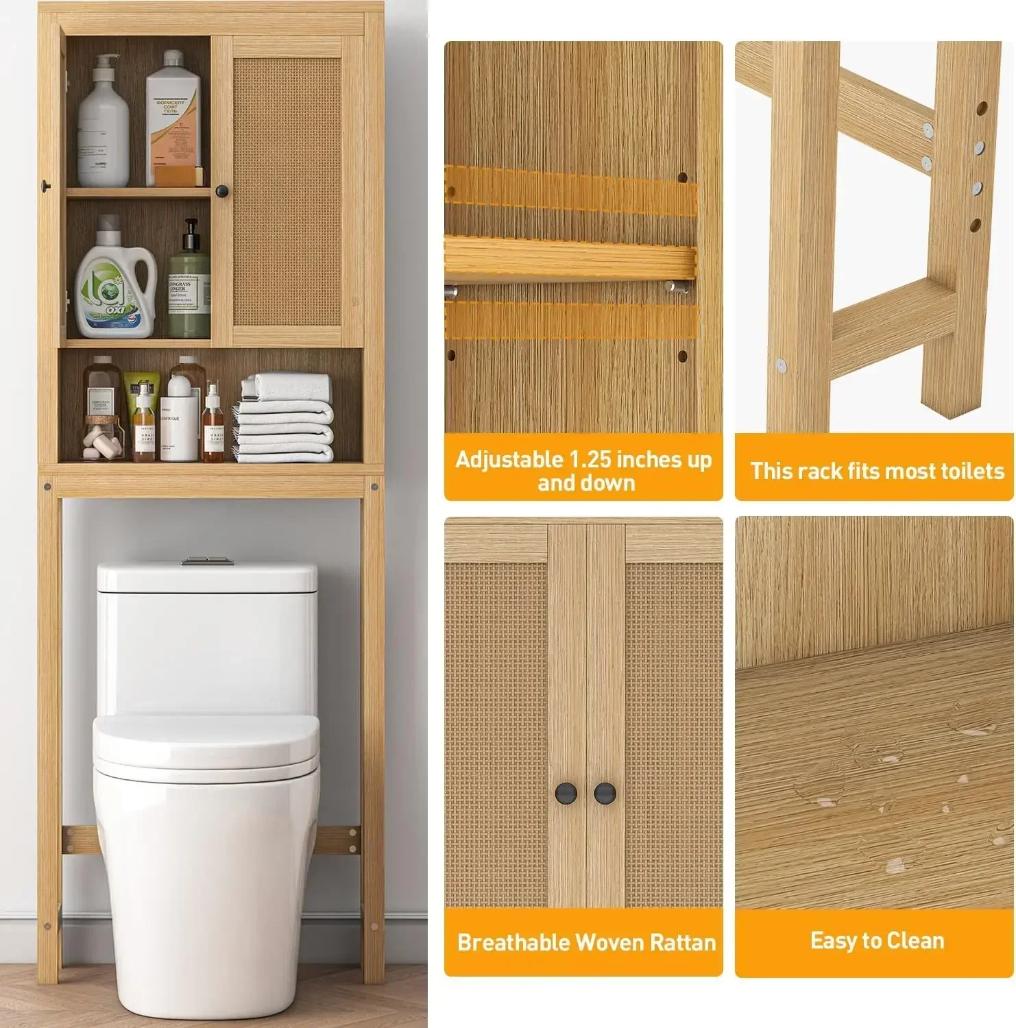 Rattan Over The Toilet Storage Cabinet, Adjustable Shelf, Behind Toilet Cabinet,Bathroom, Laundry, Wood Rack, Natural 5