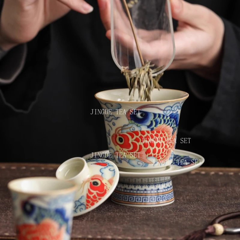 Dragon Fish Triple Talisman Covered Bowl Home-use Chinese Tea Pitcher Single-piece Non-burning Tea Set with Lid Kung Fu